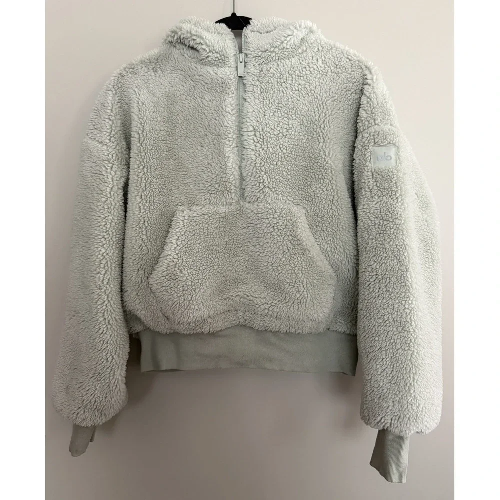 Alo Yoga Streetside Half Zip Sherpa Hoodie Pullover Light Green Women's Medium